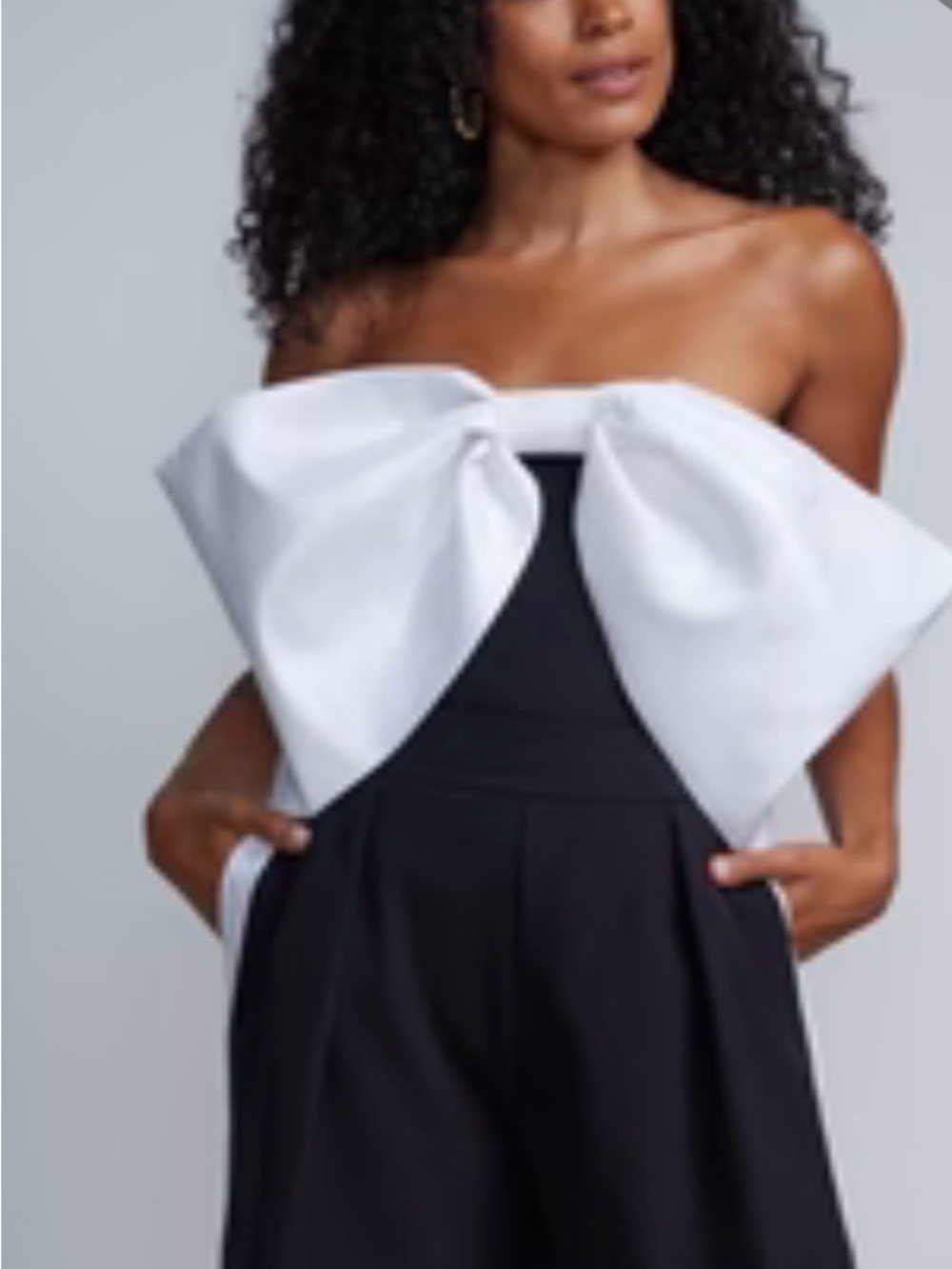 New York & Company Black Strapless Crop Top with White Oversized Bow